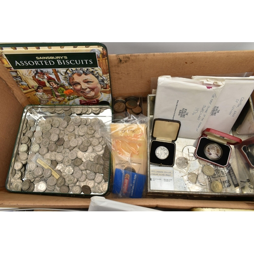 158 - A LARGE BOX CONTAINING WORLD COINAGE, to include several tins with mixed coinage such as Kiribati 19... 