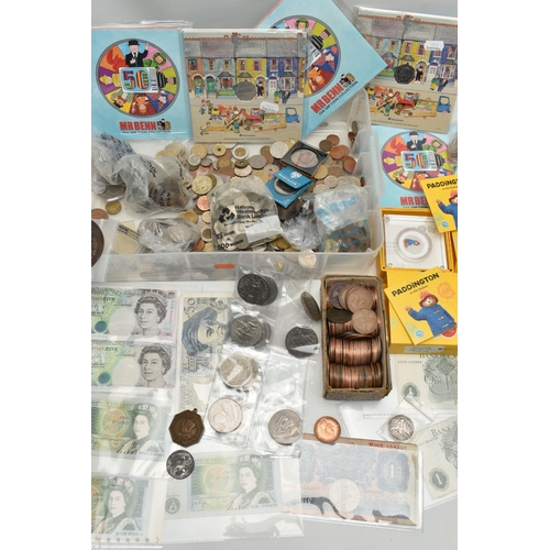 159 - TWO PLASTIC TRAYS OF MIXED COINAGE AND BANKNOTES, to include an 1892 USA Barber Half Dollar coin, tw... 