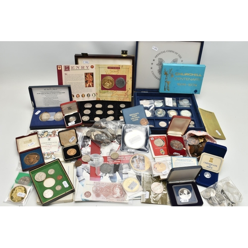 160 - A LARGE BOX OF MIXED COINS AND COMMEMORATIVES, to include Pobjoy Mint a Churchill Centenery 1974 ste... 