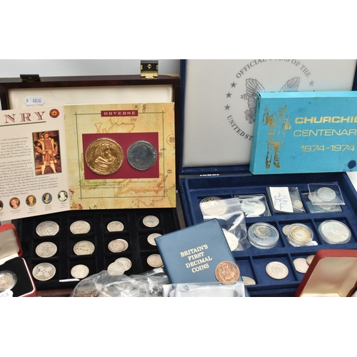 160 - A LARGE BOX OF MIXED COINS AND COMMEMORATIVES, to include Pobjoy Mint a Churchill Centenery 1974 ste... 