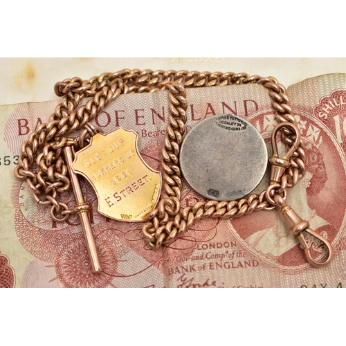 20 - A 9CT GOLD 'DERBYSHIRE, FA FOB MEDAL' AND ALBERT CHAIN, the shield shape fob medal with dark and lig... 