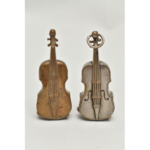 202 - TWO BRASS VIOLIN VESTA CASES, both with hinged sprung striker bases, one with suspension loop, same ... 