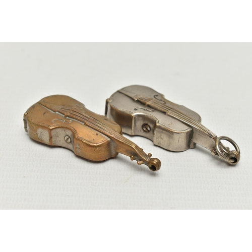 202 - TWO BRASS VIOLIN VESTA CASES, both with hinged sprung striker bases, one with suspension loop, same ... 