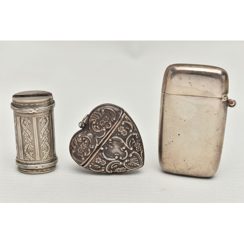 204 - THREE STERLING SILVER AND WHITE METAL VESTA CASES, comprising an American plain rectangular example,... 