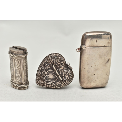 204 - THREE STERLING SILVER AND WHITE METAL VESTA CASES, comprising an American plain rectangular example,... 