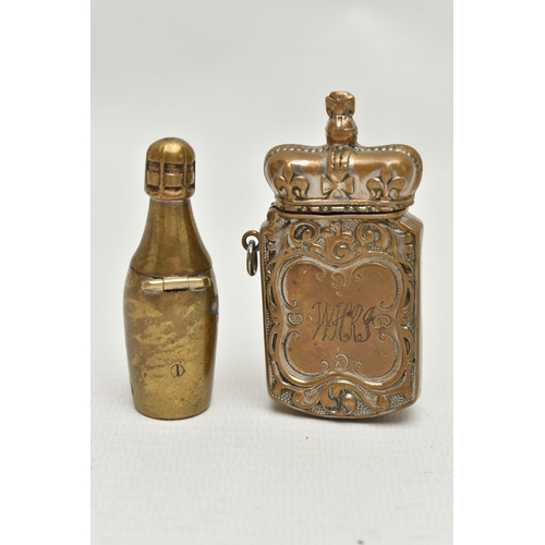 205 - TWO LATE VICTORIAN BRASS VESTA CASES, the first in the form of a bottle of 'Veuve Clicquot' champagn... 