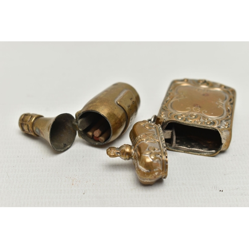 205 - TWO LATE VICTORIAN BRASS VESTA CASES, the first in the form of a bottle of 'Veuve Clicquot' champagn... 