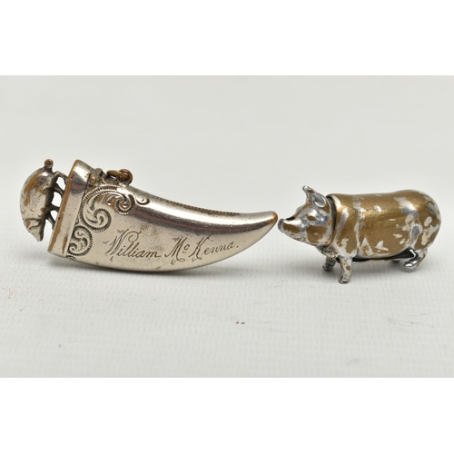 206 - TWO NOVELTY BRASS VESTA CASES, the first in the form of a standing pig with hinge lid to neck, the s... 