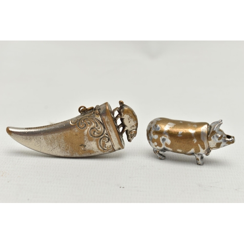 206 - TWO NOVELTY BRASS VESTA CASES, the first in the form of a standing pig with hinge lid to neck, the s... 