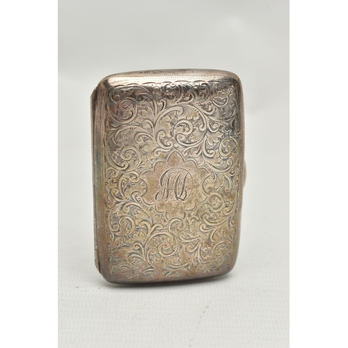 212 - AN EDWARDIAN SILVER CIGARETTE CASE, rounded rectangular form with engraved foliate decoration and mo... 