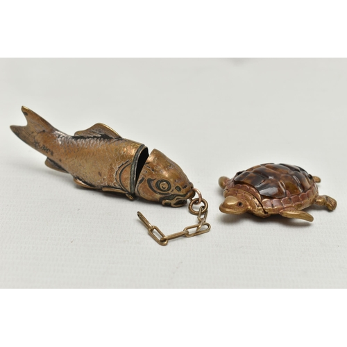 213 - TWO NOVELTY BRASS VESTA CASES, the first in the form of a turtle, the lid hinged at the neck, with p... 