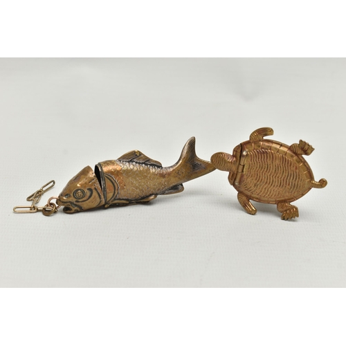 213 - TWO NOVELTY BRASS VESTA CASES, the first in the form of a turtle, the lid hinged at the neck, with p... 