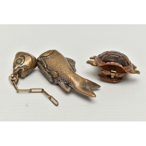 213 - TWO NOVELTY BRASS VESTA CASES, the first in the form of a turtle, the lid hinged at the neck, with p... 