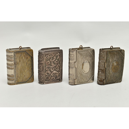 214 - THREE NOVELTY SILVER PLATED VESTA / STAMP CASES OF BOOK FORM AND ANOTHER BOOK VESTA CASE, the three ... 