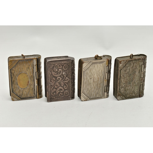 214 - THREE NOVELTY SILVER PLATED VESTA / STAMP CASES OF BOOK FORM AND ANOTHER BOOK VESTA CASE, the three ... 