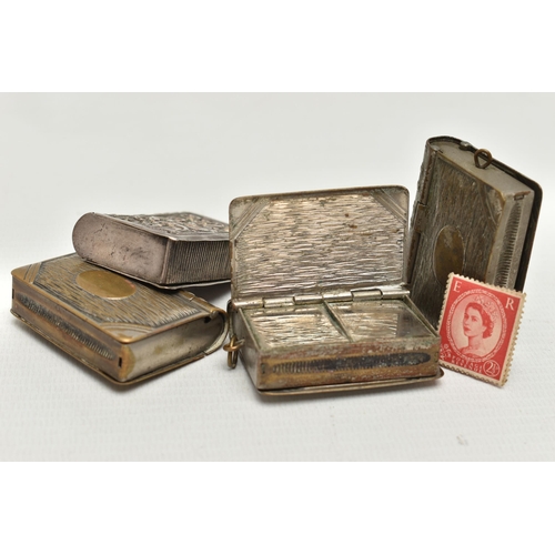 214 - THREE NOVELTY SILVER PLATED VESTA / STAMP CASES OF BOOK FORM AND ANOTHER BOOK VESTA CASE, the three ... 