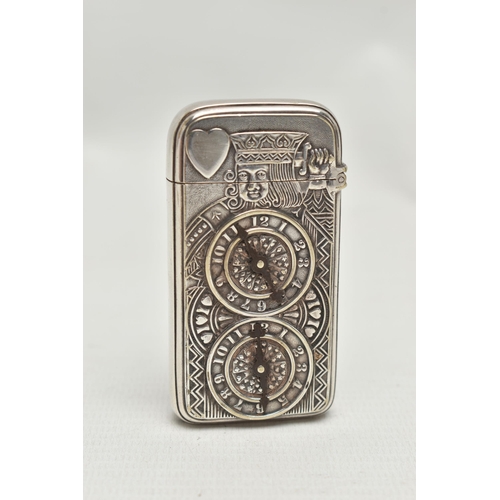 218 - AN EARLY 20TH CENTURY AMERICAN GORHAM CO SILVER PLATED NOVELTY VESTA CASE, the front with King of He... 