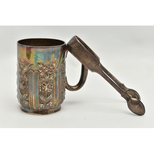 224 - A LATE VICTORIAN SILVER MUG AND A PAIR OF VICTORIAN FIDDLE PATTERN SUGAR TONGS, the mug repoussé dec... 