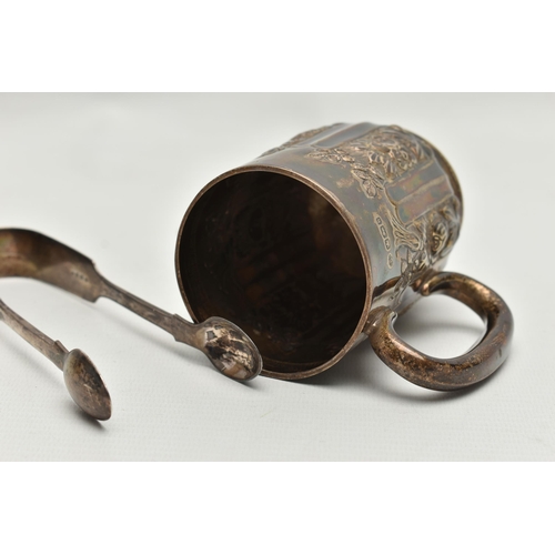 224 - A LATE VICTORIAN SILVER MUG AND A PAIR OF VICTORIAN FIDDLE PATTERN SUGAR TONGS, the mug repoussé dec... 