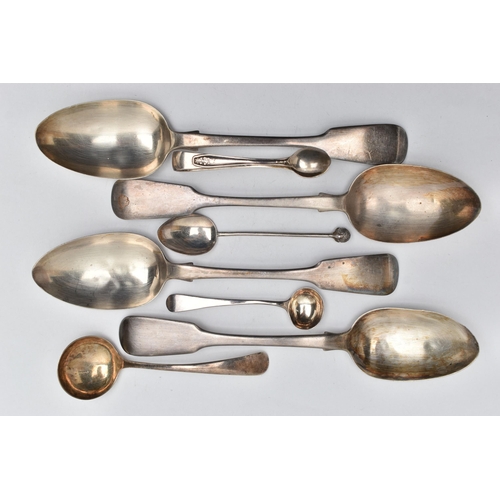 228 - A PARCEL OF SEVEN 19TH AND 20TH CENTURY SILVER SPOONS AND A PAIR OF SUGAR TONGS, comprising a set of... 