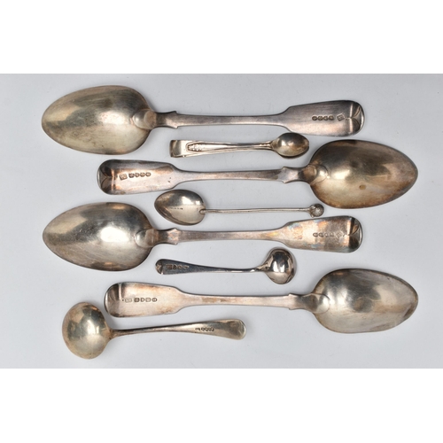 228 - A PARCEL OF SEVEN 19TH AND 20TH CENTURY SILVER SPOONS AND A PAIR OF SUGAR TONGS, comprising a set of... 