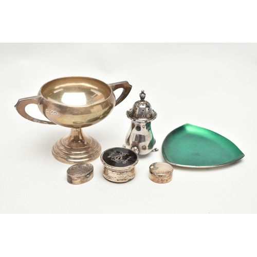 230 - A SMALL PARCEL OF 20TH CENTURY SILVER AND PLATE, comprising a small George V twin handled trophy cup... 