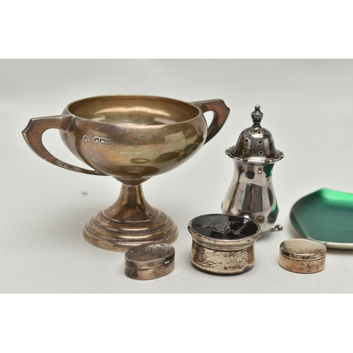 230 - A SMALL PARCEL OF 20TH CENTURY SILVER AND PLATE, comprising a small George V twin handled trophy cup... 