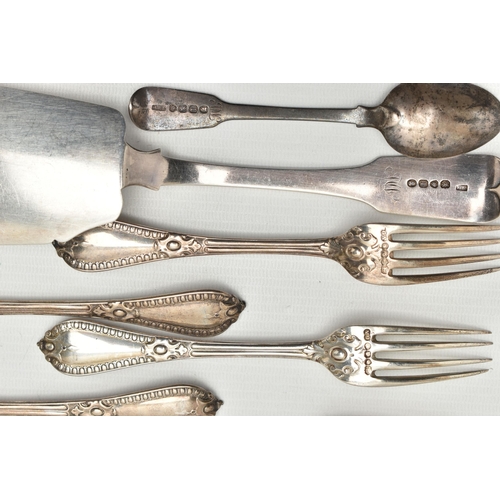 235 - A PARCEL OF 19TH AND 20TH CENTURY SILVER, comprising a set of six Empire pattern dessert forks, make... 