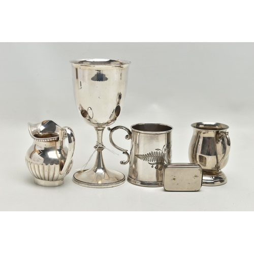 238 - FIVE PIECES OF LATE VICTORIAN / 20TH CENTURY SILVER PLATE, comprising a goblet with beaded knopped p... 