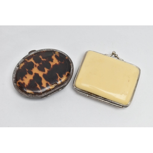 247 - TWO SMALL COIN PURSES, comprising a 19th century tortoiseshell and polished steel purse with white a... 