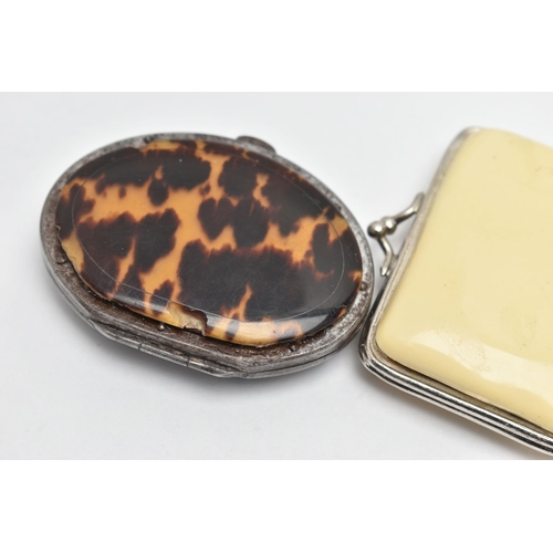 247 - TWO SMALL COIN PURSES, comprising a 19th century tortoiseshell and polished steel purse with white a... 