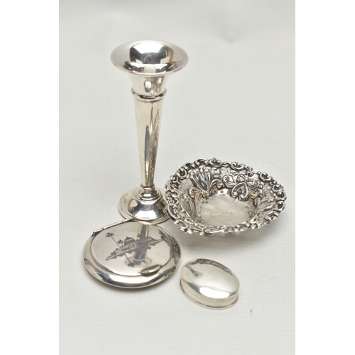 248 - FOUR PIECES OF LATE VICTORIAN AND 20TH CENTURY SILVER AND WHITE METAL, comprising a late Victorian s... 