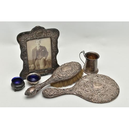 249 - A SMALL PARCEL OF SILVER, comprising an Edwardian silver conical christening mug with scrolled wire ... 