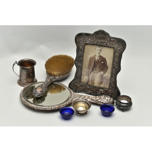 249 - A SMALL PARCEL OF SILVER, comprising an Edwardian silver conical christening mug with scrolled wire ... 