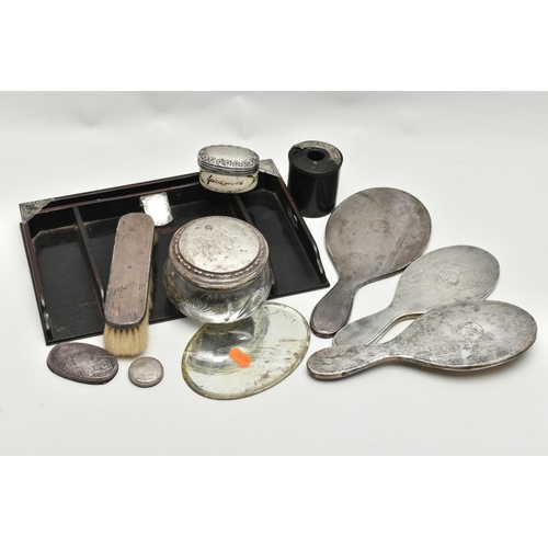 250 - A BOX OF SILVER BACKED AND SILVER MOUNTED DRESSING TABLE ITEMS, including a well used four piece Geo... 