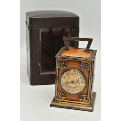 255 - A LATE VICORIAN SILVER GILT, AMBER AND GEM SET CARRIAGE CLOCK WITH TRAVEL CASE IN CLARET MOROCCO, th... 