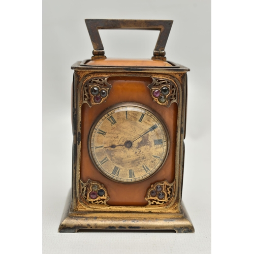 255 - A LATE VICORIAN SILVER GILT, AMBER AND GEM SET CARRIAGE CLOCK WITH TRAVEL CASE IN CLARET MOROCCO, th... 