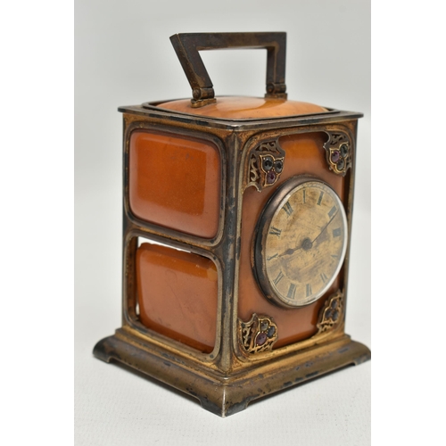 255 - A LATE VICORIAN SILVER GILT, AMBER AND GEM SET CARRIAGE CLOCK WITH TRAVEL CASE IN CLARET MOROCCO, th... 