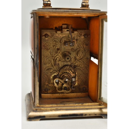 255 - A LATE VICORIAN SILVER GILT, AMBER AND GEM SET CARRIAGE CLOCK WITH TRAVEL CASE IN CLARET MOROCCO, th... 