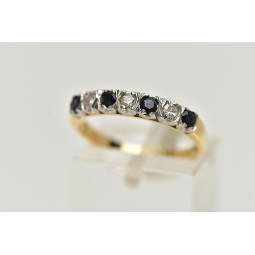 32 - AN 18CT GOLD SAPPHIRE AND DIAMOND RING, half eternity style ring, set with four circular cut deep bl... 