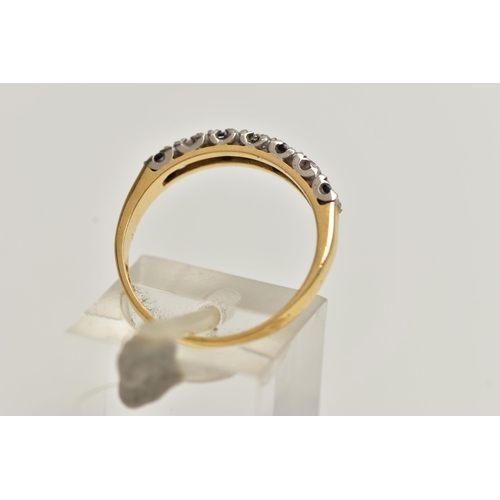 32 - AN 18CT GOLD SAPPHIRE AND DIAMOND RING, half eternity style ring, set with four circular cut deep bl... 