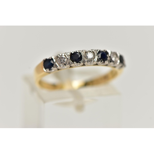 32 - AN 18CT GOLD SAPPHIRE AND DIAMOND RING, half eternity style ring, set with four circular cut deep bl... 