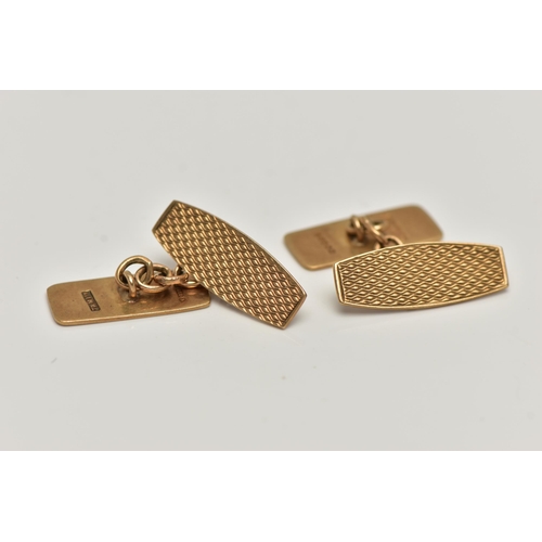 36 - A PAIR OF 9CT GOLD CUFFLINKS, of rectangular form, engine turned pattern on one side with engraved i... 