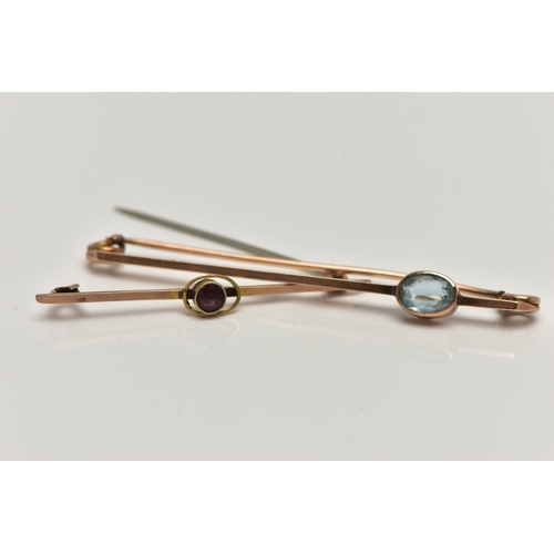 43 - TWO GEM SET BAR BROOCHES, the first a rose gold bar set with an oval cut aquamarine in a collet sett... 