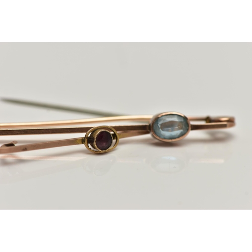 43 - TWO GEM SET BAR BROOCHES, the first a rose gold bar set with an oval cut aquamarine in a collet sett... 