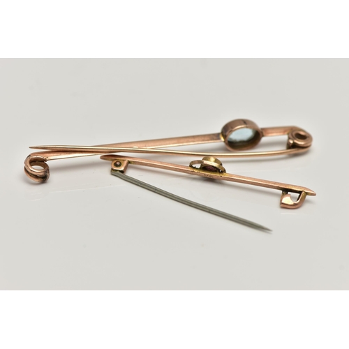 43 - TWO GEM SET BAR BROOCHES, the first a rose gold bar set with an oval cut aquamarine in a collet sett... 