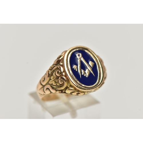 57 - A HEAVY 9CT GOLD MASONIC ENAMEL RING, of an oval form decorated with blue enamel, scrolling embossed... 