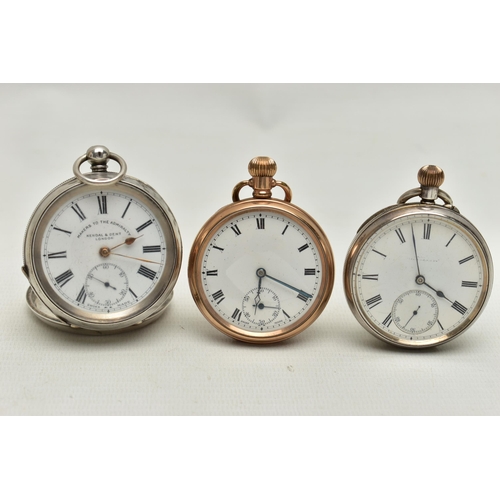 59 - THREE OPEN FACE POCKET WATCHES, the first a manual wind silver pocket watch, white dial rubbed marki... 