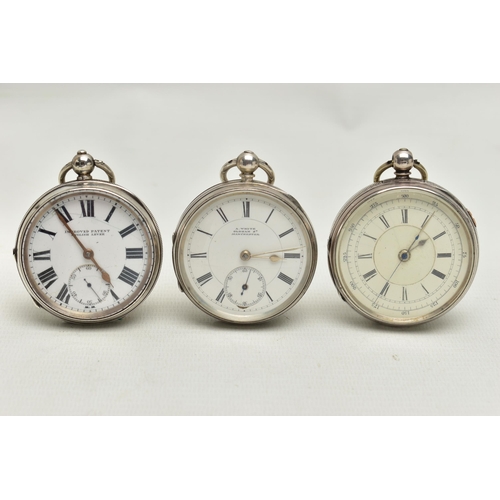 60 - THREE SILVER OPEN FACE POCKET WATCHES, the first a key wound movement, white dial signed 'A.White Ol... 