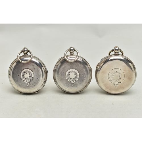 60 - THREE SILVER OPEN FACE POCKET WATCHES, the first a key wound movement, white dial signed 'A.White Ol... 